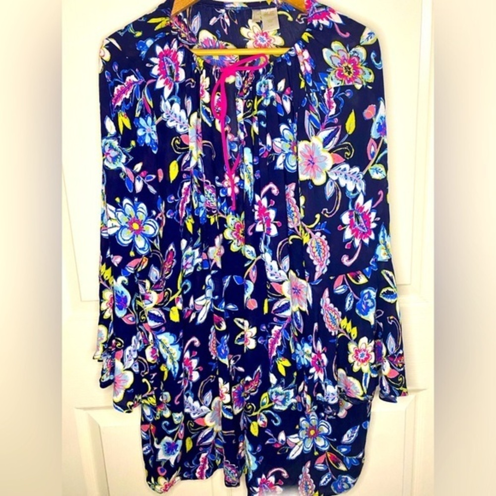 Anne Cole Blue and Pink Bell Sleeve Tunic Swimsuit Cover Up Boho Floral Design